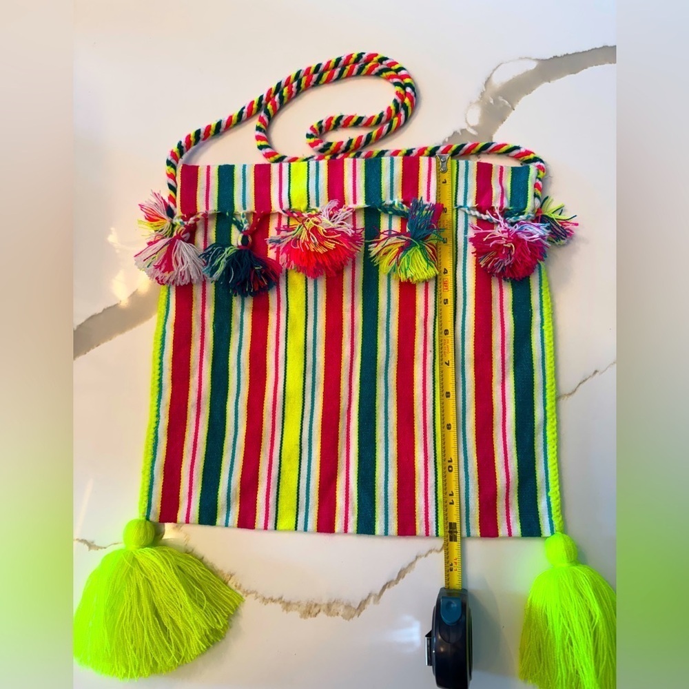 Colorful Striped Knit Bag w/ Poofs - Picture 1 of 4
